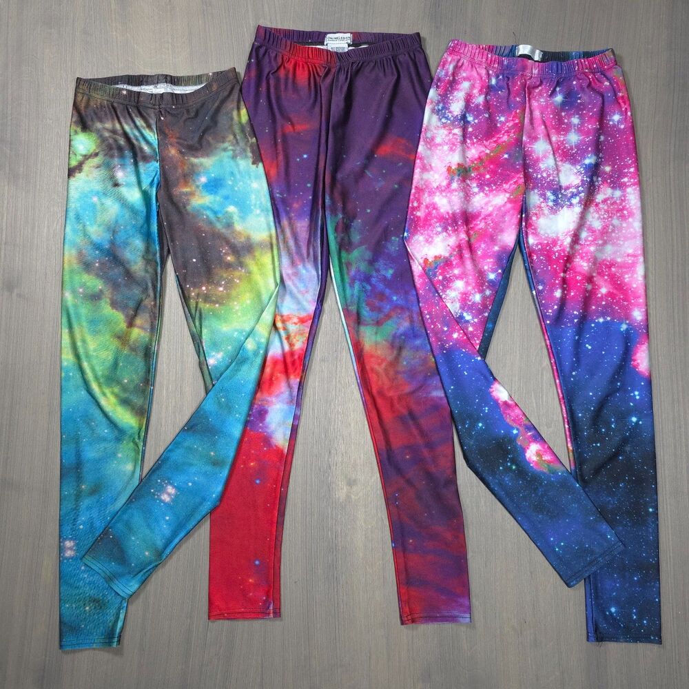 Online Legging Store Women Galaxy Nebula Print Leggings, Size Medium, 3 Pairs